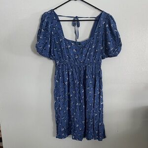 Altar'd State Navy Floral Puff Sleeve Mini Dress